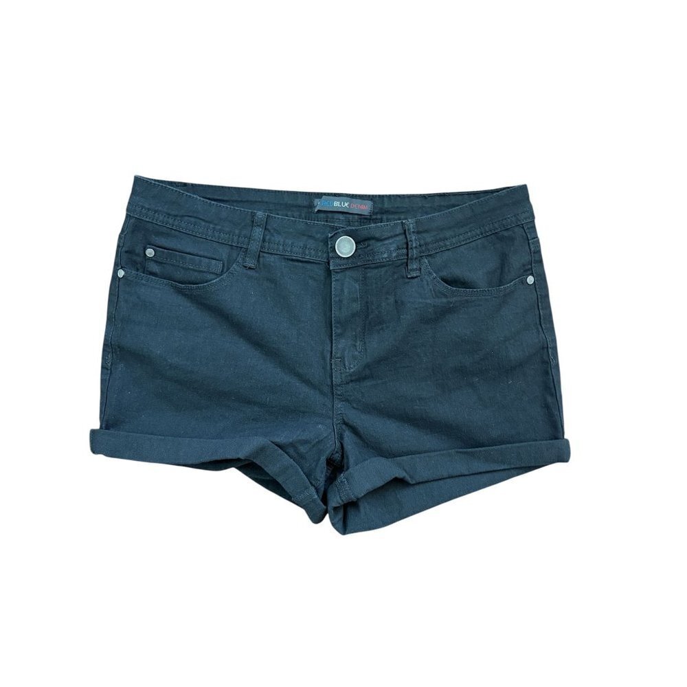 Womens Black Denim Cuffed Shorts With Pockets & Button Closure Size 9/10